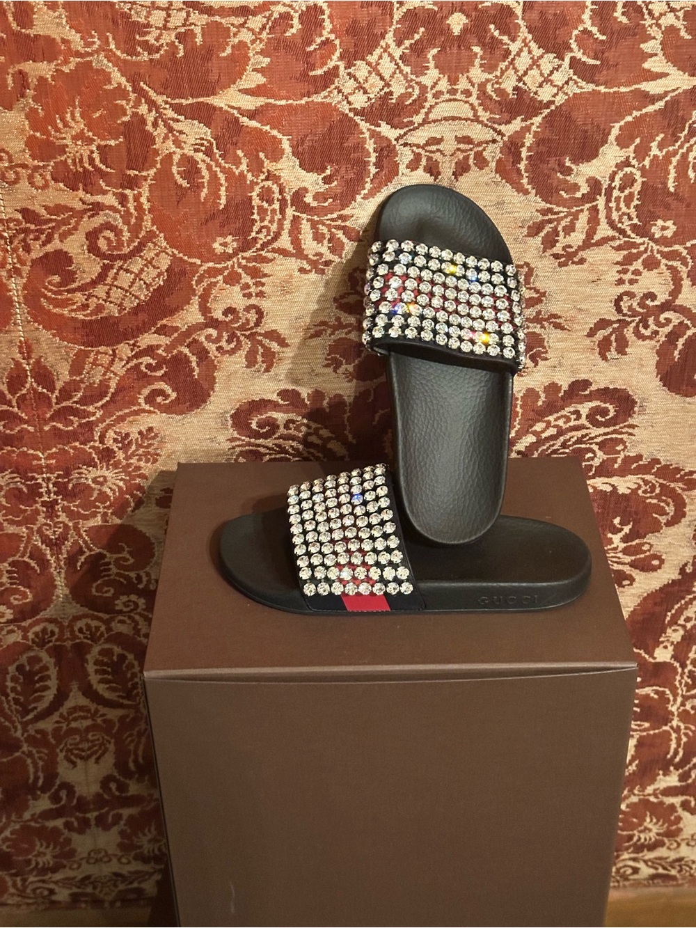 Gucci Black Crystal-Studded Slide Sandals with Multicolor Stones